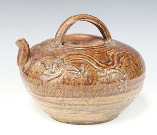 An unusual large brown glazed stoneware teapot, with dragons in relief with later lid 23cm 