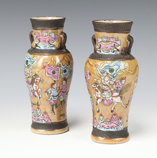 A pair of Chinese export famille crackled vases, late Qing dynasty, painted with figures on horseback, 20.3cm h