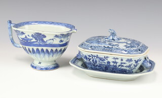 Three Chinese export blue and white wares, Qing dynasty, Qianlong period, comprising a small oblong octagonal tureen and cover 16cm an oblong octagonal dish 19.5cm and a helmet shaped jug 17cm all painted and with river landscape scenes (3)