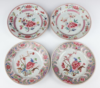 Two pairs of Chinese export famille rose plates, Qing dynasty, Qianlong period, each painted with an elaborate design of peony, 22cm and 22.5cm diam (4)