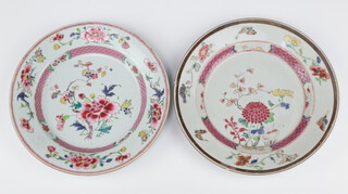 Two Chinese export famille rose dishes, Qing dynasty, Qianlong period, one painted with chrysanthemum and the other with peony, 22.7cm and 23cm diam respectively