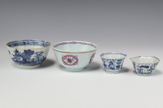 Four Chinese export wares, Qing dynasty, 18th Century, comprising a blue and white river landscape bowl, a famille rose bowl painted with flower roundels and two blue and white faceted teabowls