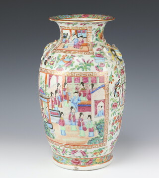 A Canton famille rose ovoid vase, late Qing dynasty, painted with figures on pavilion terraces on a ground of flowers and butterflies having unusual butterfly handles , 37cm h