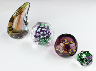 Four Caithness Paperweights Meadow Violets 4/25 9cm and Emerald 21/50 5cm By Linda Campbell, Heather Corsage 9/25 8cm by Rosette Fleming and Cornucopia-Apricot 35/500 12cm by Gordon Hendry