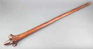 A 19th Century Fijian Vunicau (or root stock) crushing club, the handle carved 20cm tradition zig zag within lines, 114cm 