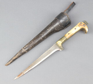 An Indian Pesh Kabz dagger with 15cm blade, bone grip and leather scabbard 