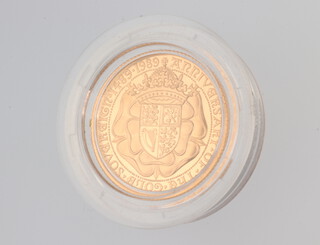 A Royal Mint 500th Anniversary limited edition 1989 gold proof sovereign to commemorate the first gold sovereign 1489-1989, no.02472 of 27500, boxed and with certificate 