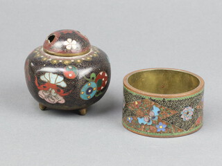 A black ground cloisonne enamelled Koro and cover on bun feet 4cm x 4cm together with a ditto napkin ring 3cm x 5cm 