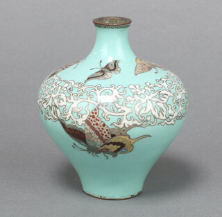 A turquoise ground cloisonne enamelled vase decorated butterflies, chips to base 10cm x 6cm  