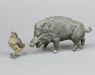 A cold painted bronze figure of a bird (feet bent), together with a metal figure of a standing boar 6cm 