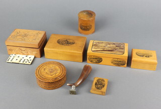 A Mauchline Ware box decorated Royal Pump House Harrogate and 2 others Ventnor looking east and Ventnor from east, ditto vesta case Laxey Wheel, cylindrical jar and cover Rye Pier, 23 ebony and bone dominoes contained in an inlaid mahogany box, jar and cover and a horn handled seal