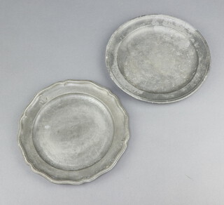 An 18th Century pewter plate with bracketed border and Pewterers Company mark 21cm diam. and a 1 other plate the reverse with illegible touch mark 21cm  