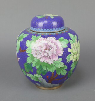 A blue ground and floral patterned cloisonne enamel ginger jar and cover 20cm x 16cm 