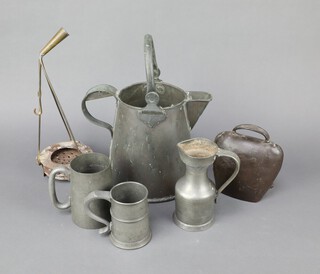 A large pressed metal cow bell 15cm x 12cm x 7cm, a copper jug of waisted form 20cm x 19cm (old solder repair to base), a curious burner, a Continental pewter jug and 2 pewter tankards  