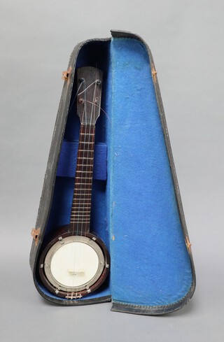 A 4 stringed ukulele, cased 