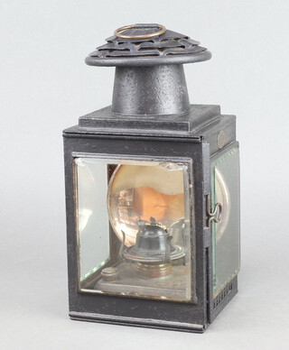 Arthur J Poole, a 19th/20th Century square black metal railway lantern marked Arthur J Poole M & C 1903 Birmingham 32cm h x 17cm w x 15cm d 