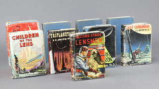 Edward E Smith, a collection of 9 science fiction novels, all first editions - "Triplanetary" GB 1954 with unclipped dust jacket, "First Lensman" GB 1955 with unclipped dust jacket, "Skylark of Valeron" USA 1949 unclipped dust jacket, "Second Stage Lensmen" USA 1953 unclipped dust jacket, "Spacehounds of IPC" USA 1947 no dust jacket, "Grey Lensman" USA 1951 the dust jacket glued to inside frontice piece, "Galactic Patrol" USA 1950 no dust jacket, "The Vortex Blaster" USA 1960 unclipped dust jacket and "Children of The Lens" USA 1954 unclipped dust jacket  