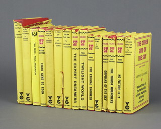 Fifteen Gollancz published science fiction books in yellow dust covers to include Arthur C Clarke "Profile of The Future", "Voices From the Sky" "The Other Side of the Sky" and "Fall of Moondust", Theodore Sturgeon "More Than Human" (x2), John Brunner "No Future in It", Poul Anderson "Tower Zero", "Guardians of Time", "Twilight World", Rick Raphael "The Thirst Quenchers", Robert A Heinlein "Orphans of The Sky", Mark Clifton "Eight Keys to Eden", Harry Harrison "The Ethical Engineer"and "The Expert Dreamers"