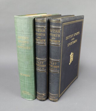 "British Sports and Sportsmen" 2 volumes in dark blue Morocco gilt leather "Past Sportsmen" by The Sportsmen, edition 226 of 250 together with 1 volume of "British Sports and Sportsmen Hunting" no.408 of 1000 1912 in green cloth binding 
