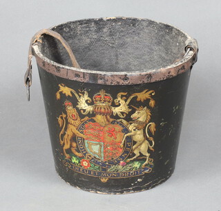 A 19th/20th Century fibre fire bucket decorated The Royal Arms 26cm h x 30cm diam. 