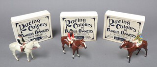 Britains, "Three Racing Colours of Famous Owners" lead figures of horses and jockeys in pre-war navy blue and white boxes to include The Duke of Portman no.237, HM The King no.237 and Miss Dorothy Paget no.1463 