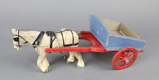 New Forest Toys, Brockenhurst, a hand painted dapple grey cart horse with cart, made in the New Forest attributed to Frank Whittington (1876-1973) 