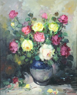 P H Jansen, oil on canvas signed, vase of roses 59cm x 49cm 