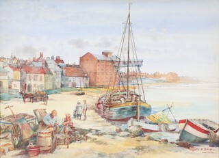 P C H Bacon November 1933, watercolour signed, coastal town with figures and boats 25.5cm x 35.5cm 