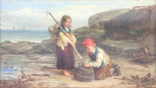 James Clarke Hook RA (1819-1907), oil on canvas signed, "The Lobster Pot" with boy and girl inspecting a lobster pot on a beach with distant boats 21cm by 31cm. Bearing an ex-Christies stencilled stock number on reverse