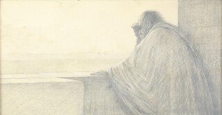 19th Century pencil sketch with chalk highlights, unsigned, biblical study of a robed gentleman (King Solomon?) looking out from a terrace to hills in the distance 17cm x 33cm 