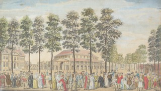 An 18th Century coloured engraving "Ranelagh House and Gardens with the Rotunda at The Time of The Jubilee Ball" 23cm x 40cm 