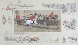 Snaffles (Charles Johnson Payne, 1884-1967), a coloured print "A Point to Point, The Big Fence, Slap at it for the honour of Hitem and Holdemshire" with coloured vignettes, signed in pencil 46cm x 72cm  