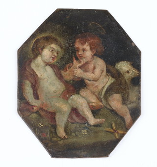 A 17th Century Continental oil on copper of the boy Jesus with John the Baptist in attendance and the lamb of God on an octagonal panel 8.5cm x 7cm 