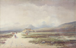 Edward Arden (1830-1909), watercolour signed, moorland scene with figures and cattle in distant mountains, unframed, 53cm x 83.5cm