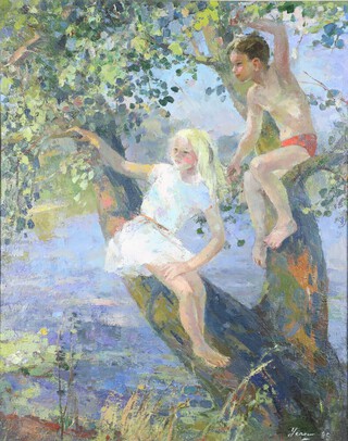 Kesina Uspenskaya, oil on canvas signed and dated '89, study of 2 children sitting in a tree beside a river 97cm x 77cm  