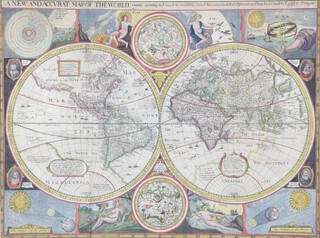 After John Speed, "A New and Accurat Map of the World Drawne According to ye Truest Descriptions Latest Discoveries & Best Observations yt have beene Made by English or Strangers" circa 1659 by Robert Walton, a hand-coloured double-page engraved twin-hemisphere map, showing California as an island, decorated with celestial portraits of four circumnavigators 39cm h x 52.5cm w