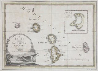 Giovanni Maria Cassini (1745-1822), Le Isone Della Societa E Di Noel Delineate Fulle Ultime Offervazioni del Captain Cook Roma Preffo La Calcografia Camerale 1798, coloured borders and vignette 38cm x 51cm 