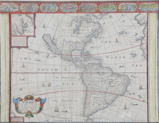 John Speed, a hand-coloured engraved map of the Americas. "America with those known parts in that unknowne worlde, both people and manner of Buildings". Discribed and inlarged by J. S. Ano. 1626, Thomas Bassett and Richard Chiswell (1676), framed and double glazed showing English text on verso. The vertical margins that should display costumed figures have been replaced 39cm h x 51cm w
 