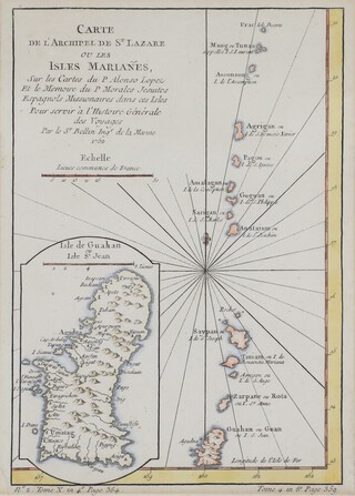 An 18th Century map - Carte de L'archipel de St Lazare Oules Isles Marianes, coloured borders 23cm x 16cm together with a ditto black and white 23cm x 16cm (2) 