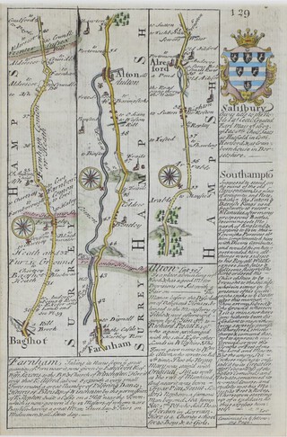 An 18th Century road map of Bagshot to Salisbury, coloured detail 19cm x 12.5cm 