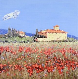 Bruno Tinucci (b1947) oil on canvas, signed, Italian landscape with sunlit farm buildings and poppies in the foreground 49cm by 49cm