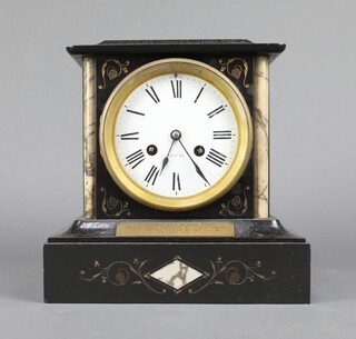 A Victorian French 8 day striking mantel clock, the 10cm enamelled dial with Roman numerals marked Reading, contained in a 2 colour marble architectural case 22cm h x 22cm w x 14cm d, complete with pendulum and key 