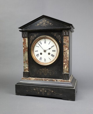 A 19th Century French striking mantel clock with 12cm enamelled dial, contained in a 2 colour marble case, complete with pendulum, 39cm x 30cm x 16cm 