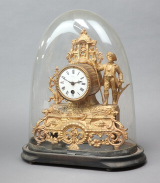 A 19th Century French timepiece, the 7cm enamelled dial with Roman numerals marked Dimmer Southsea, contained in a gilt painted spelter case decorated a shepherd 30cm h x 28cm x 9cm, complete with pendulum (no key) and contained under a glass dome 38cm h x 29.5cm x 13cm 