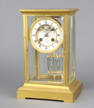 Elkington of Regent Street, a 19th Century 4 glass mantel clock, the 10cm enamelled dial with visible escapement marked Elkington and Co Regent Street, having a twin mercurial pendulum the back plate marked E&C813 26cm h x 17cm w x 14cm d 