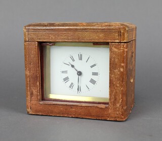 A 19th Century French carriage timepiece with 8cm enamelled dial contained in a gilt case, complete with key and leather outer case 8cm h x 9cm w x 5cm d 