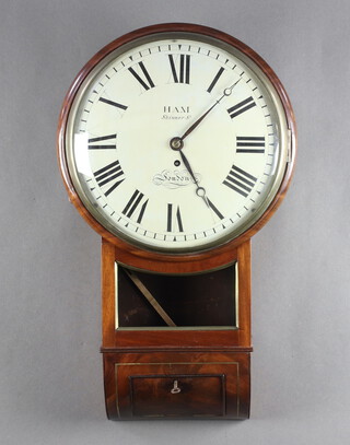 HAM, Skinner Street London, a wire driven, single fusee wall clock, striking on bell, the 30cm painted dial with Roman numerals marked Ham London, the 11cm back plate marked Ham Skinner Street London, contained in a mahogany case 53cm x 36cm x 13cm, complete with pendulum (no key)