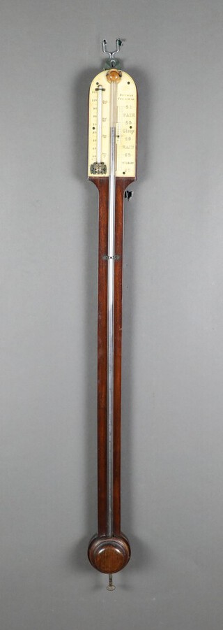 Passmore Chulmleigh, an 18th/19th Century mercury stick barometer and thermometer contained in an arch shaped mahogany case with ivory indicator board 90cm h x 8cm w with non transferable standard ivory exemption declaration number W9N4H1JG