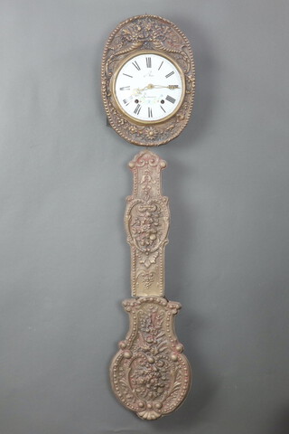 A 19th Century French comtoise clock, the 23cm enamelled dial with Roman numerals, marked Bros a'Conneins, contained in an embossed brass outer case decorated cornucopias, complete with pendulum and key (no weights) 