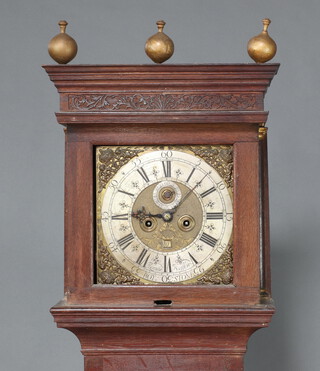 Thomas Kefford of Royston, an 18th Century 8 day striking 5 pillar longcase clock movement with 30cm square gilt dial, Roman numerals, silvered chapter ring, minute indicator and calendar aperture marked Thomas Kefford of Royston, contained in an associated oak case  (glass to doors is missing), complete with pendulum, weights and key  181cm h  